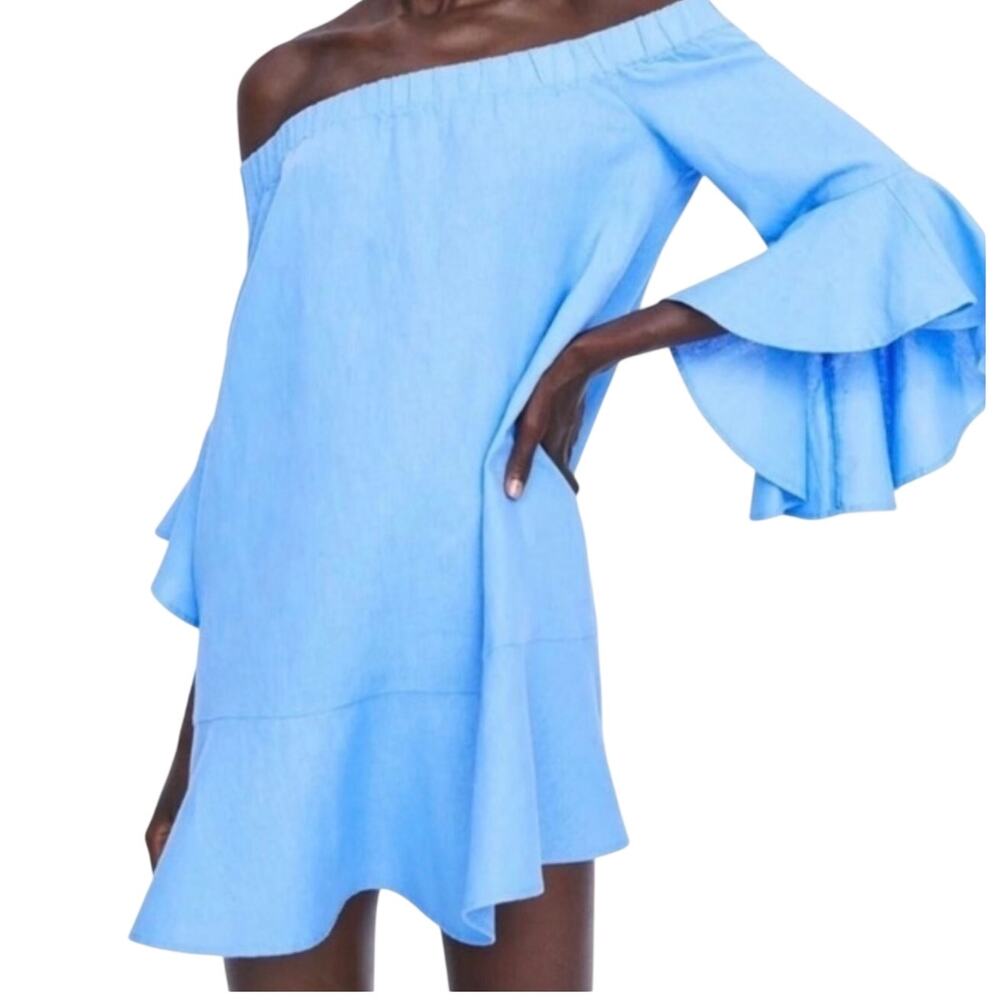 Zara Blue Linen Off Shoulder Mini Sundress Women's XS
